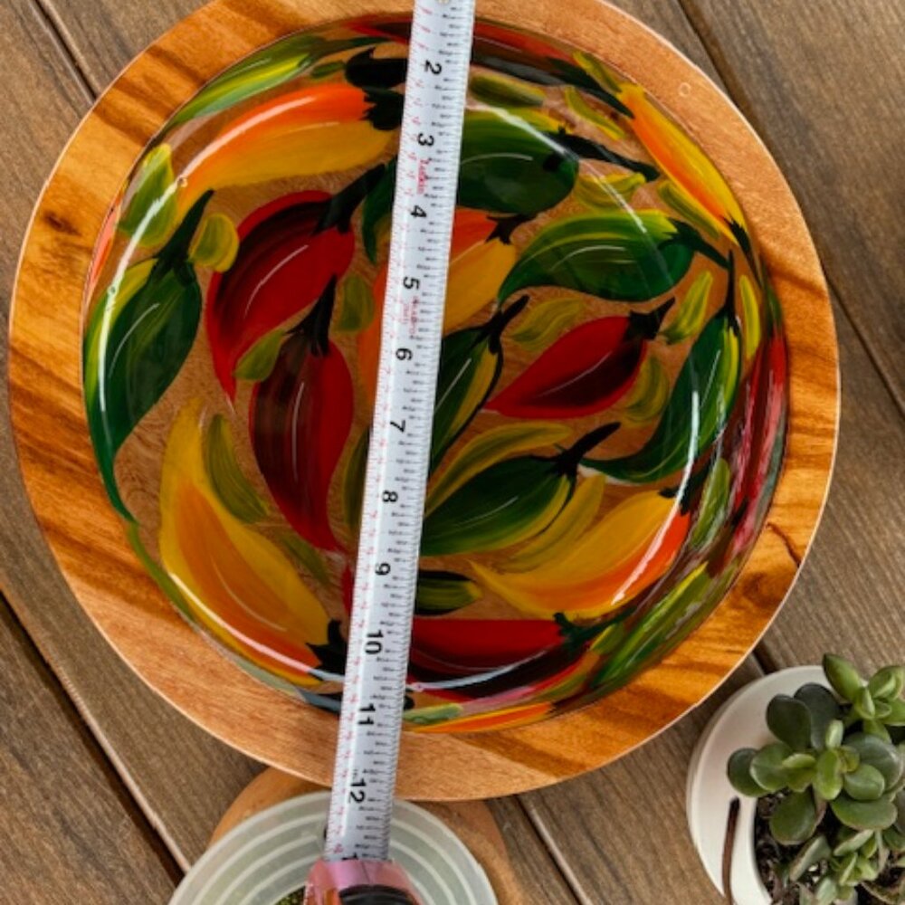 Handcrafted Wood Bowl with Hand Painted Red Yellow and Green Peppers - Picture 8 of 9